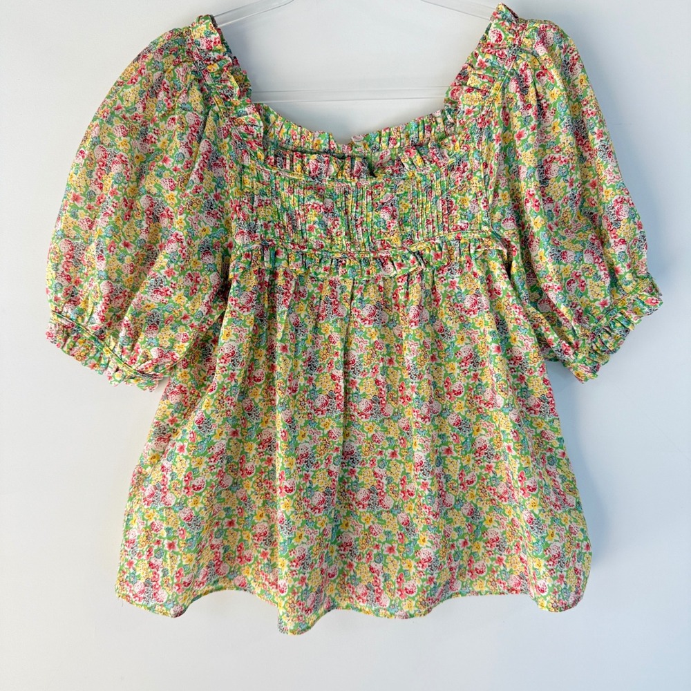 Elie Tahari Top Womens Small Green Multi Floral Smocked Puff Sleeve EH521026